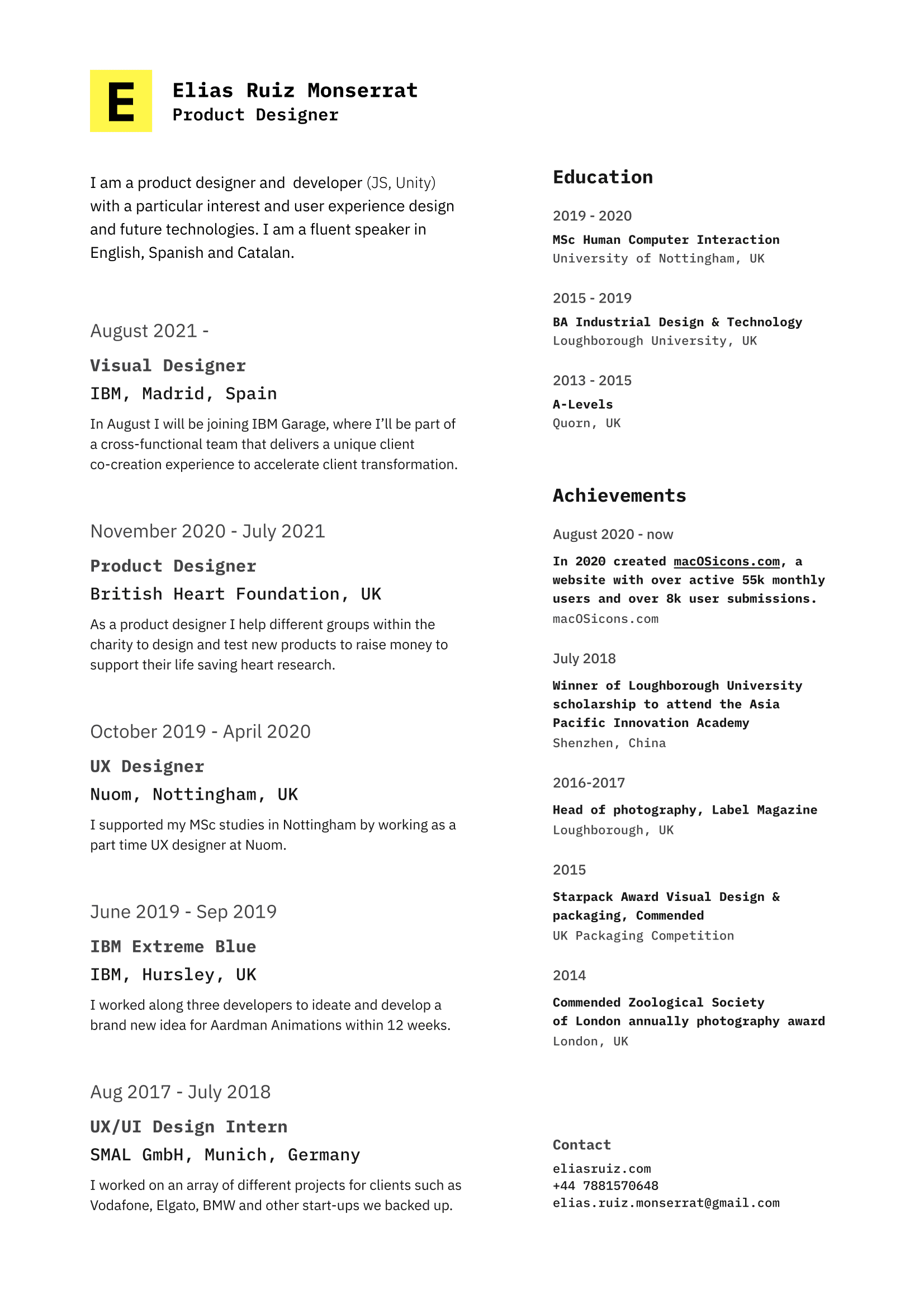 Fresher UX Designer CV Example